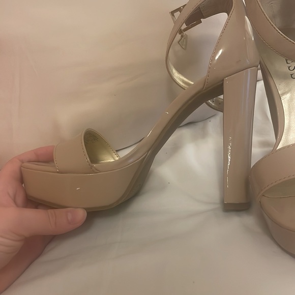 Guess Platform Patent Beige Sandal Heels with Charm - Picture 5 of 11